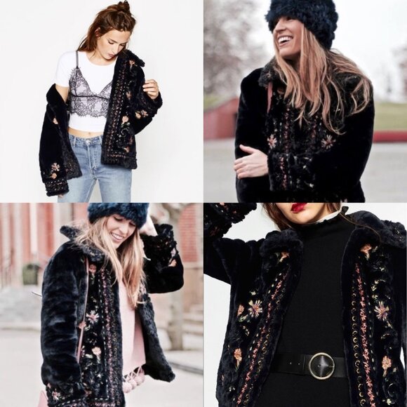 ZARA Boho Embroidered Faux Fur Teddy Coat - Picture 3 of 8